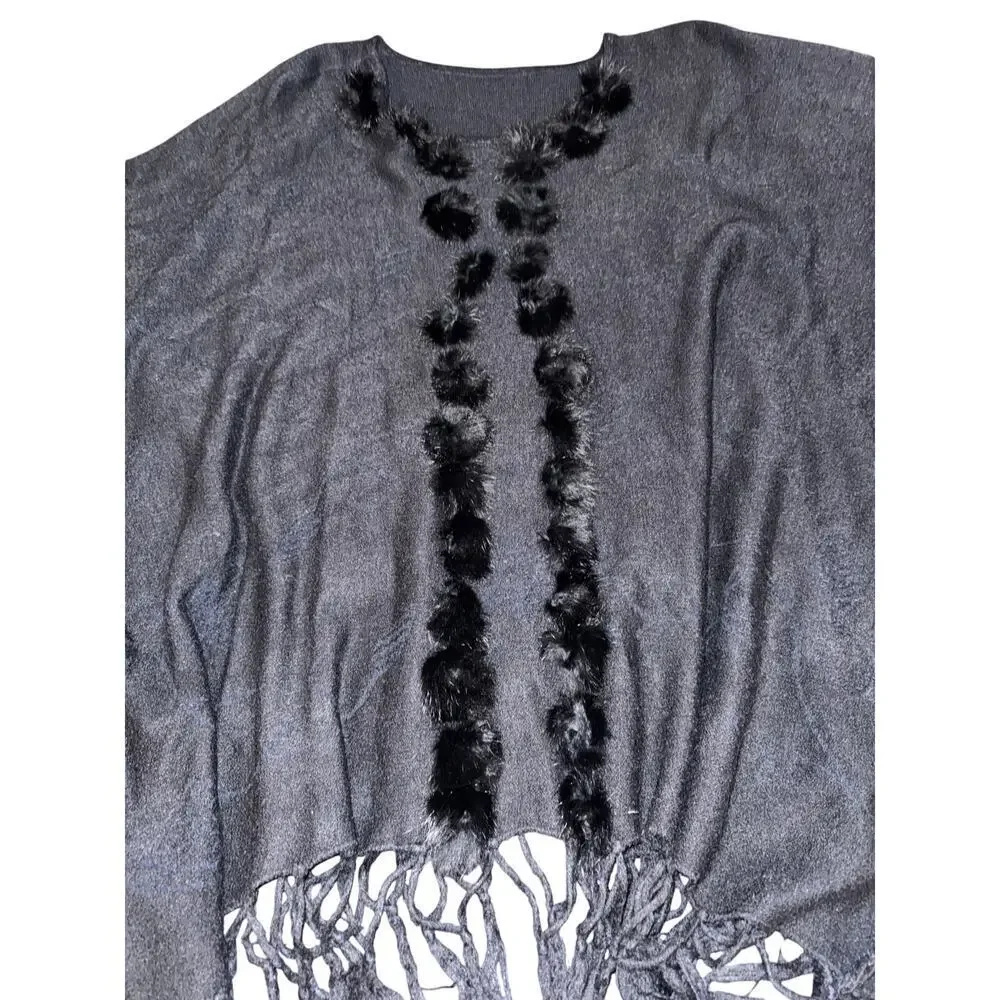 PONCHO SWEATER WITH RABBIT FUR TRIM ONE SIZE O/S